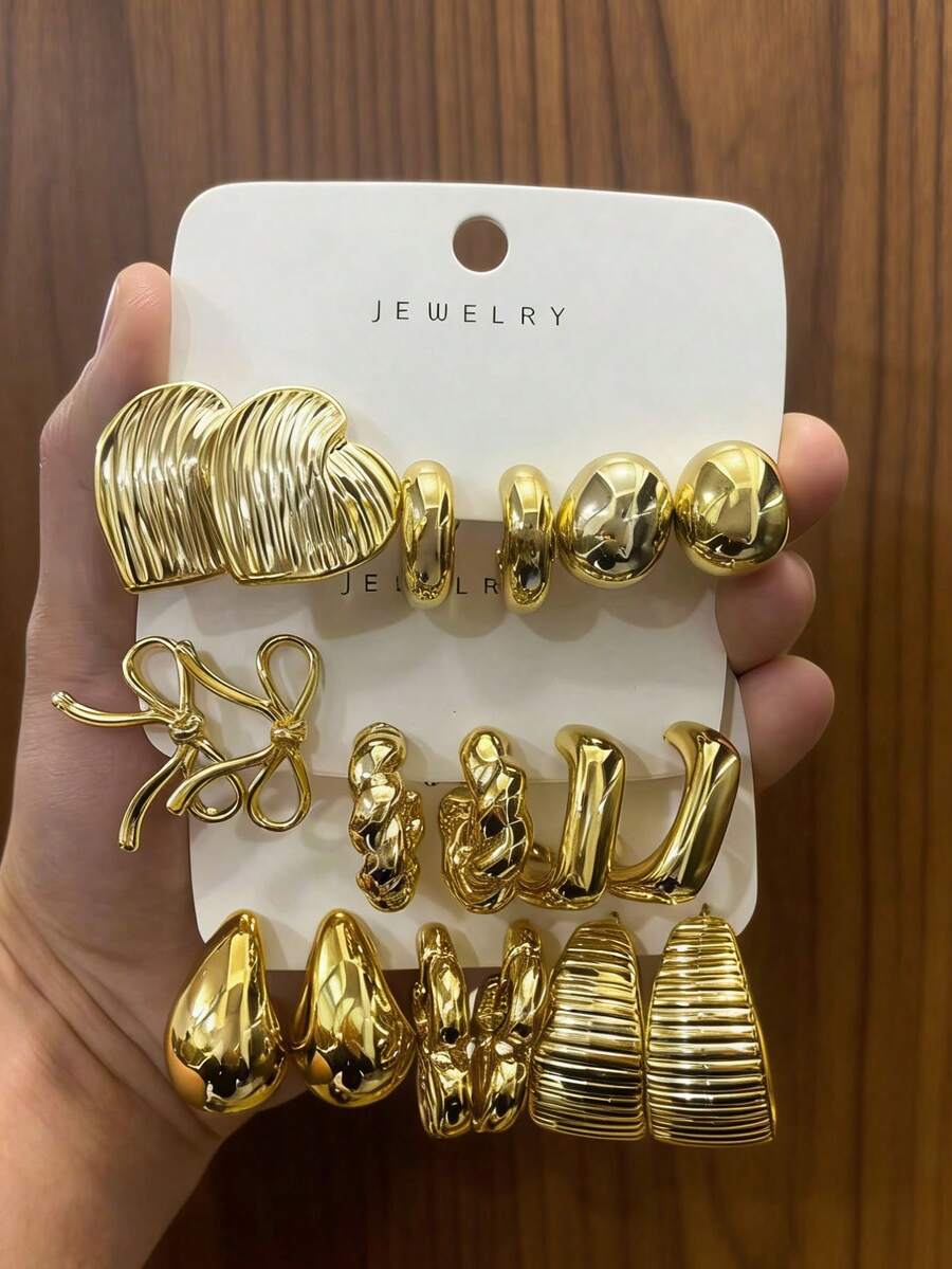 6/18件套时尚耳环套装，包含C形、水滴形、迷你C形、扭曲C形、心形、蝴蝶形等多种款式，适合日常及节日佩戴，采用ABS树脂材质，并经UV镀金工艺处理，持久不褪色。 - 彩色 - 查看 1