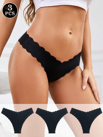 3 Pcs Scallop Trim V-Shape Panties, Low Rise Sexy Soft Cheeky No Show Bikini Briefs Ladies No Panty Line Tanga Comfortable Knickers Everyday Wear, Women's Underwear & Lingerie, Black