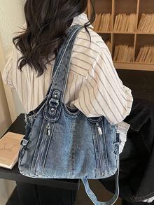 新款休閒時尚水洗牛仔大容量托特包，女款復古百搭通勤單肩斜背包，適合通勤與購物 - 藍色 - 查看 3