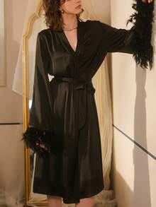 1pc Black White Satin Feather Trim Robe Long V-Neck Tie Waist Kimono Sleeve Luxury Sexy Lounge Dress Bridal Getting Ready Party Vacation Outfit Glam - Multicolor - View 16