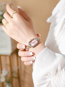 Women's Watch, Elegant & Fashionable, Square Rhinestone Dial Quartz Watch, Suitable For Daily Wear, Birthday Gift, Back To School, Thanksgiving, Couples, Ultimate Gift - Pink - View 4