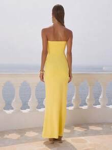Women's Yellow Elegant Strapless Ruched Bodycon Maxi Dress, 2026 New Spring Summer Sexy Cutout Gold Hardware Detail Gown, Luxury Vacation Party Outfit For Wedding Guest, Holiday, Graduation, Beach & Going Out Occasions - Yellow - View 8