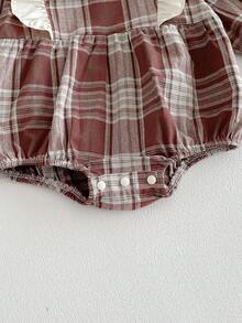 Spring Baby Girls' Plaid Romper, Korean Style Lace Trim Bodysuit, Autumn - Red - View 6