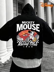 Disney Men's Casual Hoodie, "Mickey Racing Club" Print, Retro Automotive Design, Oversized Fit, Ideal For Speed Lovers - 黑色 - 查看 1