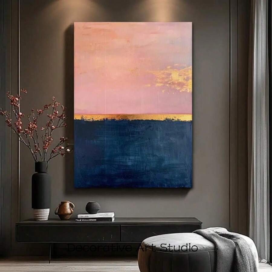 Hand-Painted Abstract Sunset Sky Oil Painting - Modern Wabi-Sabi Minimalist Framed Wall Art With Soft Pink & Blue Pastel Hues In, Brown, Beige & Navy - Textured Canvas Zen Art Suitable For Living Room, Bedroom, Office Decor - Ready-To-Hang, 2D Fl - Multicolour - 查看 1