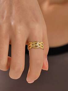 1pc Stainless Steel Fashionable Criss-Cross Open Ring, Suitable For Daily Wear - Gold - View 2