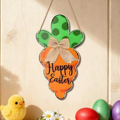 2D Flat Easter Happy Carrot Rabbit Door Hanger, Cute Carrot Rabbit Wooden Door Decor For Outdoor Porch, Spring Farmhouse Style Wooden Wreath Wall Hanging Indoor, No Electricity Required