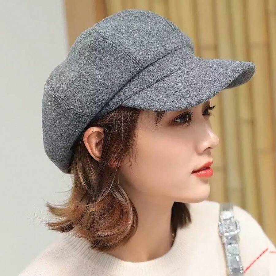 Women's Wool Beret Hat, Retro Style, Octagonal, Adjustable, Fashion Painter Hat, Autumn/Winter, Solid Color - Light Gray - View 1