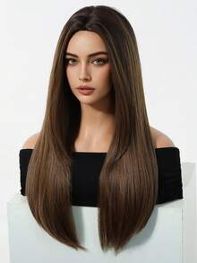 24英寸长直发，棕色，中分，顶部染成黑色，采用高温合成角蛋白纤维制成，优雅的假发，适合日常佩戴、节日和派对场合。 - 巧克力棕 - 查看 3