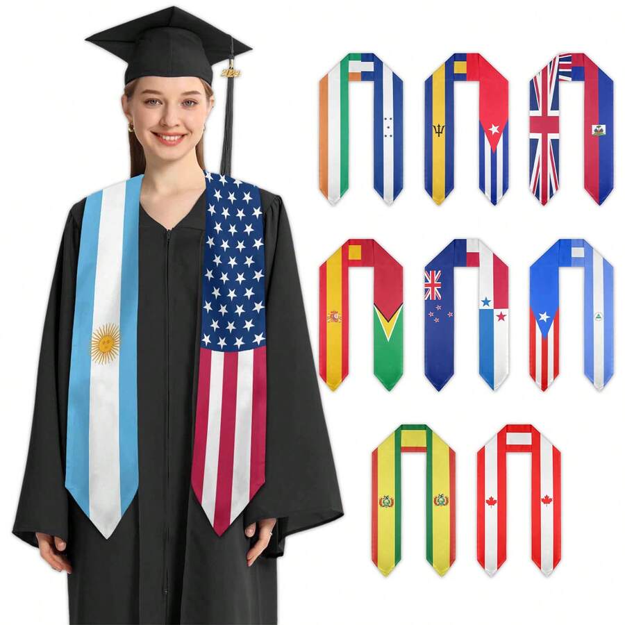 1PC Custom Mixed Country Flag Graduation Sash- Personalized Name Graduation Graduation 2026 Gift - Personalized Graduation Sash With Photo Text - Graduation Ceremony Gifts For Unisex Adults 72" Long - Style 03 - View 1