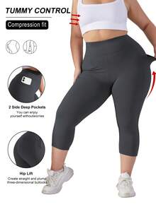 Plus Size High Waist Lifting Cropped Leggings (XL-5X) - Elastic Comfortable Plus Size Women's Capri Pants Sports - Dark Grey - View 5
