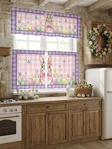 1/2/3 piezas - Cenefa de ventana a cuadros de Pascua, cortina corta con estampado floral de huevos de conejo, cenefa de estilo campestre de Pascua, decoración de ventana de poliéster para cocina y dormitorio - Ver 3