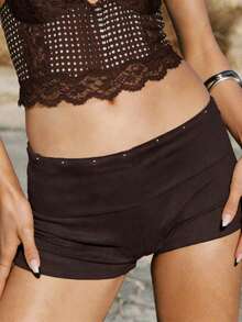 Women's Suede Micro Shorts Folding Waist Low Rise Skinny Mini Shorts Vintage Going Out Western Cowgirl Bottoms - 棕色 - 查看 6