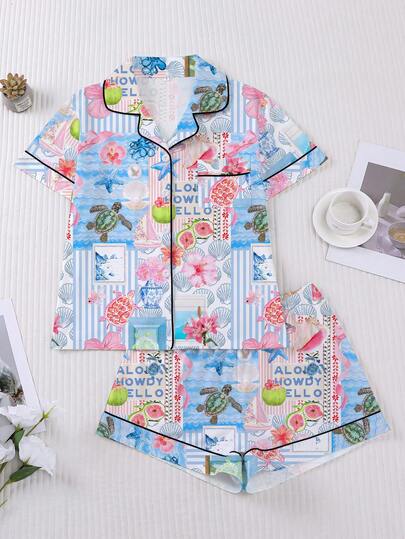 2 Stücke/Set Damen Nachtwäsche Set, mit Ozean-Elementen Muster, weicher Stoff, Kurzarm Hemd mit Kragen und Knöpfen sowie elastische Shorts, modisches Outfit für Outdoor, Partys, Urlaub, Freizeitbekleidung für alle Jahreszeiten