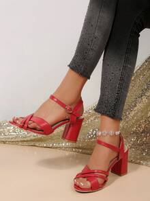 Nuevas sandalias de verano de estilo francés con tacón grueso y cómodo para mujer - Rojo - Ver 5