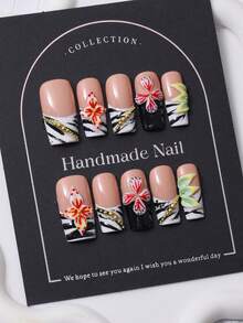 10 Stücke/Set handgemachte aufklebbare rechteckige Nägel in Y2K Korallenrosa mit 3D handgeschnitztem Design und handbemaltem Zebramuster. Inklusive 1 Stück Gelee-Gel und 1 Nagelfeile. Ideal für den täglichen Gebrauch und als Party-Nagelpflege-Zubehör. - Korallenrosa - Übersicht 1