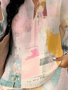1 Set Literary Attribute Woven Fabric Smooth & Skin-Friendly Women's Home & Outing Summer Birthday Gift Pink-Yellow Contrast Abstract Collage Print Women's Plus Size Two-Piece Set - Nhiều màu - Xem 4