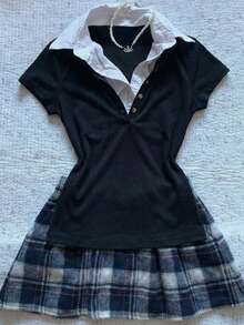 女士黑色条纹短款 Polo 衫，撞色白色领子配金色纽扣细节，Y2K 学院风甜辣休闲街头服饰 - 黑色 - 查看 1