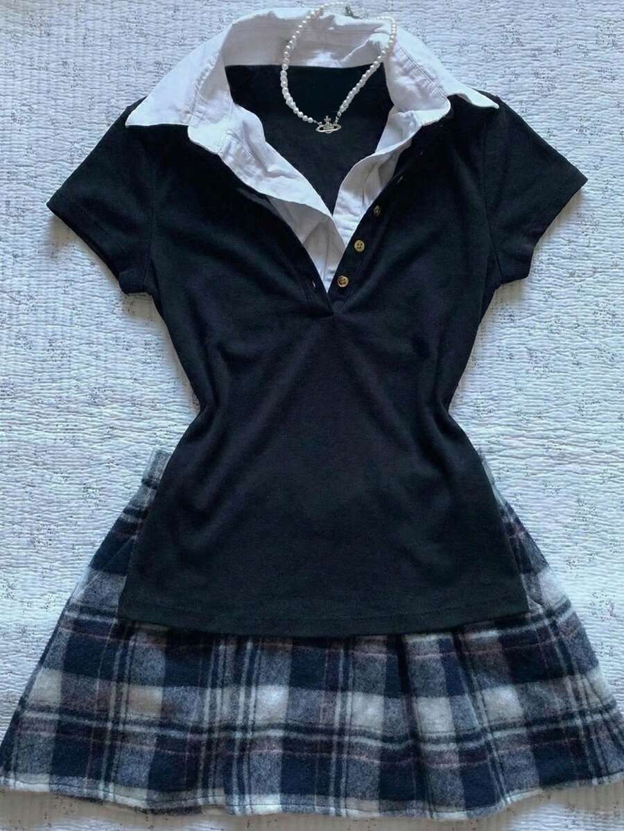 女士黑色条纹短款 Polo 衫，撞色白色领子配金色纽扣细节，Y2K 学院风甜辣休闲街头服饰 - 黑色 - 查看 1