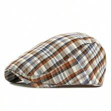 1pc 2026 Spring New Beret Hat For Men, Retro British Style Casual Versatile Plaid Newsboy Cap, - Three-color Thin Plaid Baseball Cap - View 1