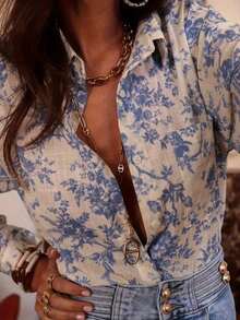 Women's Casual Vacation Style Floral Print Patchwork Pocket Long Sleeve Shirt, Spring/Autumn - 白色 - 查看 5