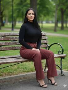 Women's Leather High-Waisted Wide Leg Pants, Plain, Elegant, Casual, Modern, For Work And Evening Looks, Winter, São João 2026 - 紅木色 - 查看 2