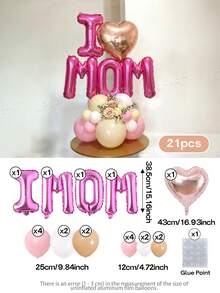 21pcs/Set "I Love Mom" Decorative Balloon Set (4 Sweet Styles), 16-Inch Letter Foil Balloons (Gold/Rose Gold/Silver/Pink) Suitable For Mother's Birthday, Wife's Birthday Decoration Props - View 9