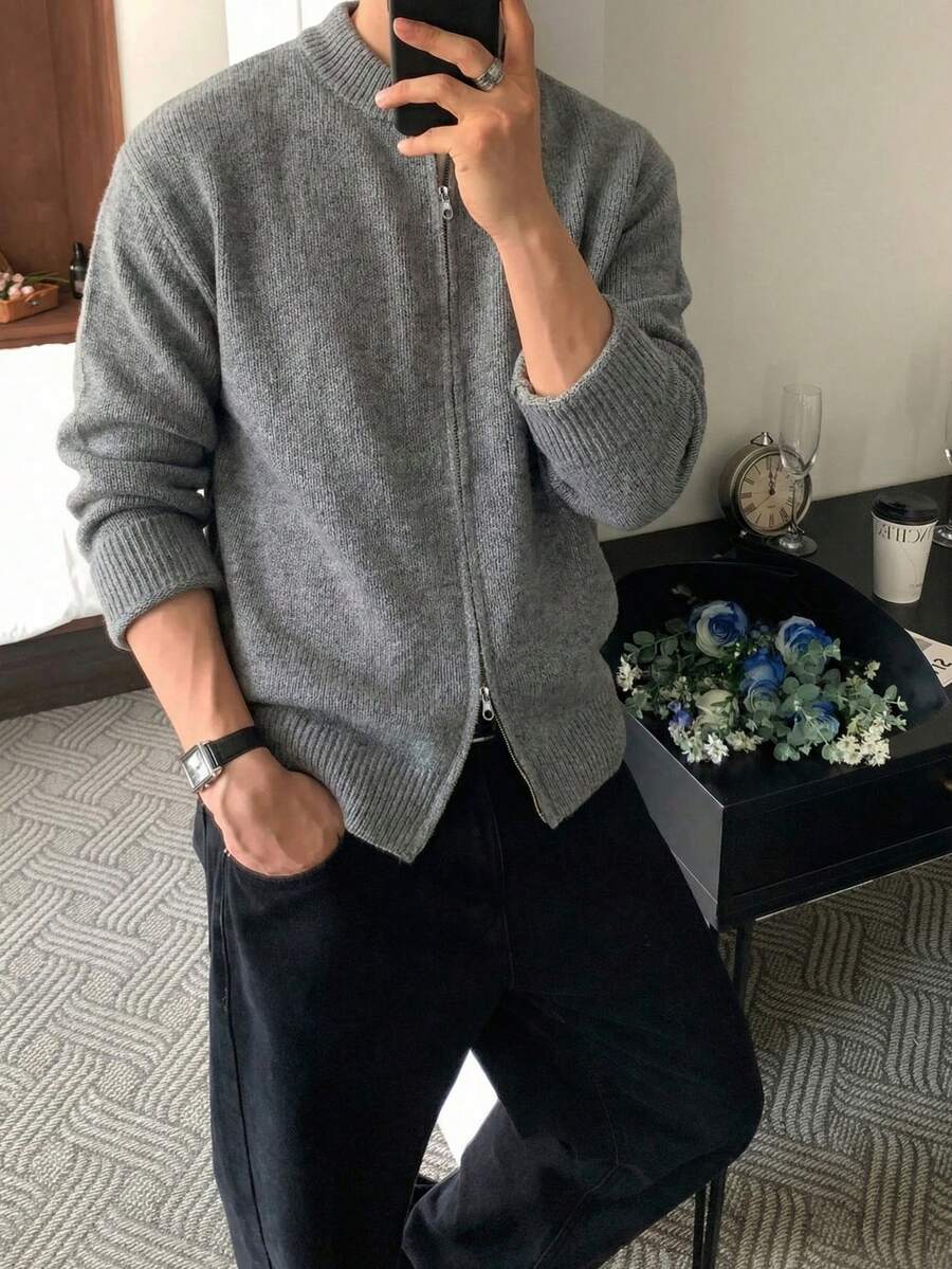 男士简约纯色休闲宽松长袖拉链针织开衫外套,适合秋冬季穿着 - 灰色 - 查看 1