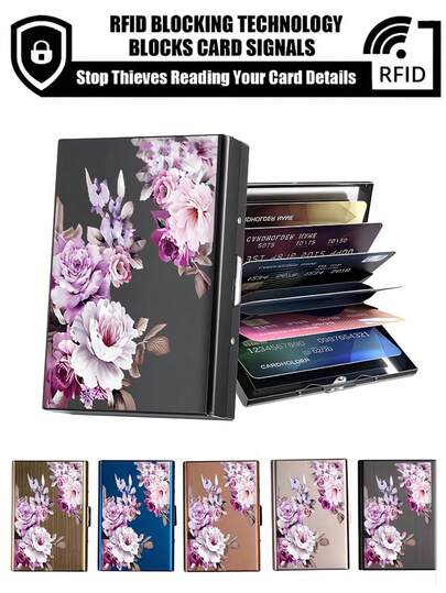 6/10 حامل بطاقة ائتمان بزهور ملونة، علبة بطاقات أعمال من الفولاذ المقاوم للصدأ، محفظة معدنية رفيعة جدًا للجنسين، منظم بطاقات مضاد للمغناطيس ومضاد للسرقة للنساء، محفظة نقود صغيرة، محفظة صغيرة، محفظة بطاقات