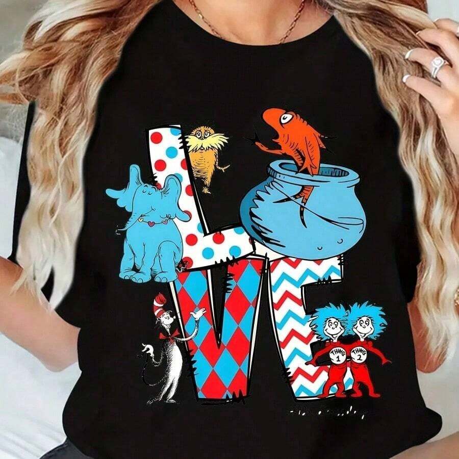 Women's Tshirt. Suess Inspired Love Pattern Short Sleeve Bright Role Illustration Design Round Neck Short Sleeve Type Washable C - Đen 2 - Xem 1