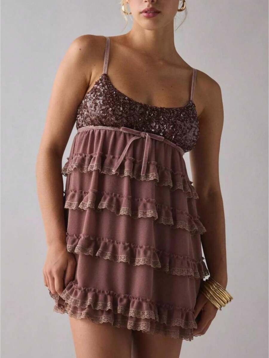 Women's Sequin Lace Edge Ruffled Mini Dress Multi-Layered Spaghetti Strap Sleeveless Cute Bow Decor Short Dress For Club Party - nâu sẫm - Xem 1