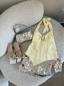 Women's Fashion Yellow Backless Camisole Tank Top, Asymmetric Hem, Lace-Up Textured Fabric Tank Top, Suitable For Vacation And Party Wear - Yellow - View 3
