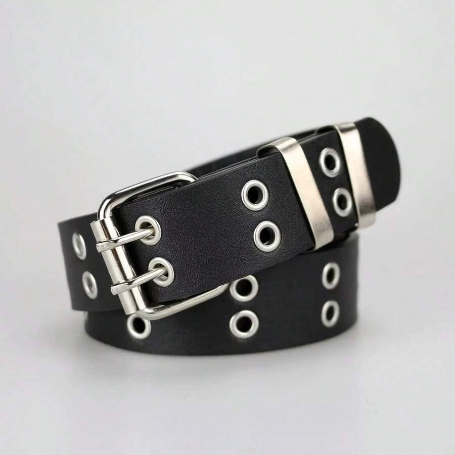1pc Punk Style Double Grommet Belt - Black - View 1
