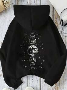 Women's Kangaroo Hoodie With Pocket And Hood, Casual Style, 100% Cotton Sweatshirt. - 黑色 - 查看 2