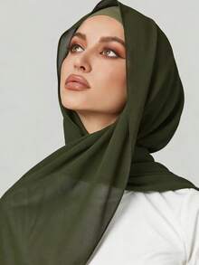 2pcs Women Scarf Tie Headband Combo, Versatile Undershirt Cap Set, Hijab Middle East Abaya Matching, Elastic Undercap Chiffon Scarf Hat Casual Suit - Army Green - View 1