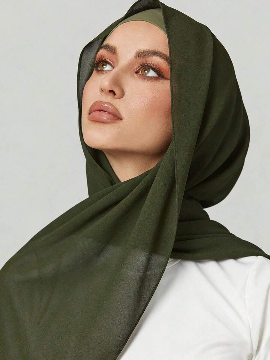 2pcs Women Scarf Tie Headband Combo, Versatile Undershirt Cap Set, Hijab Middle East Abaya Matching, Elastic Undercap Chiffon Scarf Hat Casual Suit - Army Green - View 1