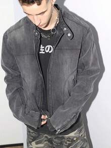 Dark Washed Grey Cropped Denim Jacket With Silver Zipper Details & Stand-Up Collar - Retro Loose-Fit Biker Style For Casual Streetwear - 水洗黑 - 查看 1