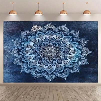 一款波西米亚风格的挂毯，蓝白相间的装饰艺术风格，100% 涤纶材质，适用于派对用品、装饰横幅、摄影道具和照相亭背景。