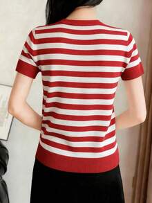 Blusa de punto de cuello redondo de manga corta con estampado de rayas elegante y entallada - Rojo - Ver 2