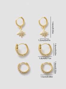 Elegant Celestial Gold Hoop Trio - Micro- Zirconia Starburst & Geometric Hoops | Versatile Party & Festival Wear Earrings - Yellow Gold - View 6