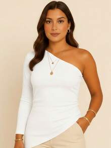 Women's Asymmetrical Blouse, One-Shoulder Sleeve, Long Ribbed Knit, Premium Basic, Stylish, Casual - trắng - Xem 3