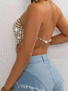 Fringe Pearl Beaded Bralette Bra Body Chain Jewelry Festivel Rave Lingerie Crop Top - White - View 5