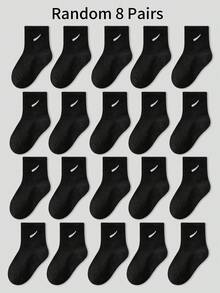 8 Pairs Kids Socks, Black Series Versatile Infant Mid-Calf Socks With Japanese Style Diagonal Striped Pattern, Suitable For Casual Daily Wear - Multicolor - View 1