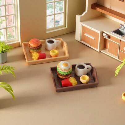 5pcs/Set Miniature Creative Kitchen Scene Accessories For Dollhouse - Mini Tray, Hamburger, Coffee, And Fries Decorations, Realistic Food Model, DIY Props