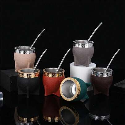 Stainless Steel Double-Layer Mate Cup Tea Set Coffee Container Flat Bottomed Coffee Cups Texture Eggshell Cup Perfect For Tea