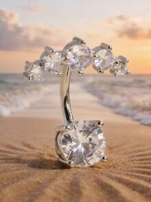 1pc Rhinestone Double Gem Navel Ring, Fashion Piercing Jewelry - Silver - View 4