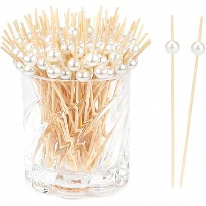 200/100/50/20 piezas Pinchos de bambú con perlas, Pinchos de bambú con perlas blancas, Adecuados para tenedores de fruta, pasteles, postres, decoraciones, excelentes para reuniones familiares, fiestas, restaurantes, cocinas, festivales
