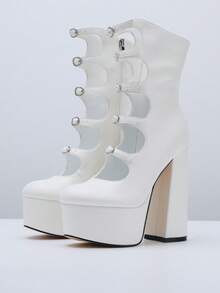 Fashion Womens Short Boots Round Toe Cut-Out Platform Chunky Heel Buckle Straps Ankle Boots Party Club Dressy Occasions Footwear - 白色 - 查看 9