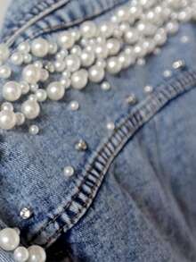 Giacca casual in denim di colore unito con perle e decorazioni in perline, manica lunga, per la primavera - Lavaggio chiaro - Visualizzare 4