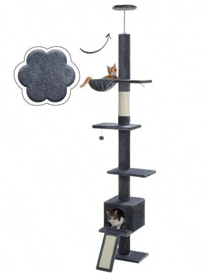 PAWZ Road 82.7-107.8''  Cat Tree Floor To Ceiling, Tall Cat Tower, Adjustable Height 5 Tiers Cat Climbing Tree For Indoor Cats With Cat Condo, Cat Scratching Post And Cat Ladder, Deep Grey